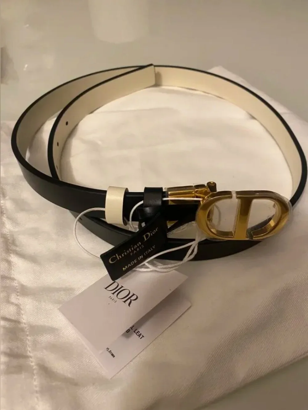 Dior Black and White Leather Men's Belt with Gold Buckle